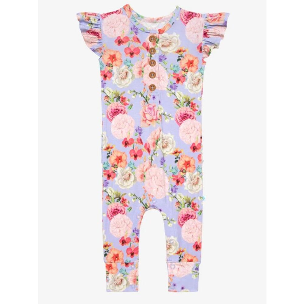 Posh Peanut Bellamy Ruffle Henley Romper 0-3 Months Bamboo Floral Lavender VGC